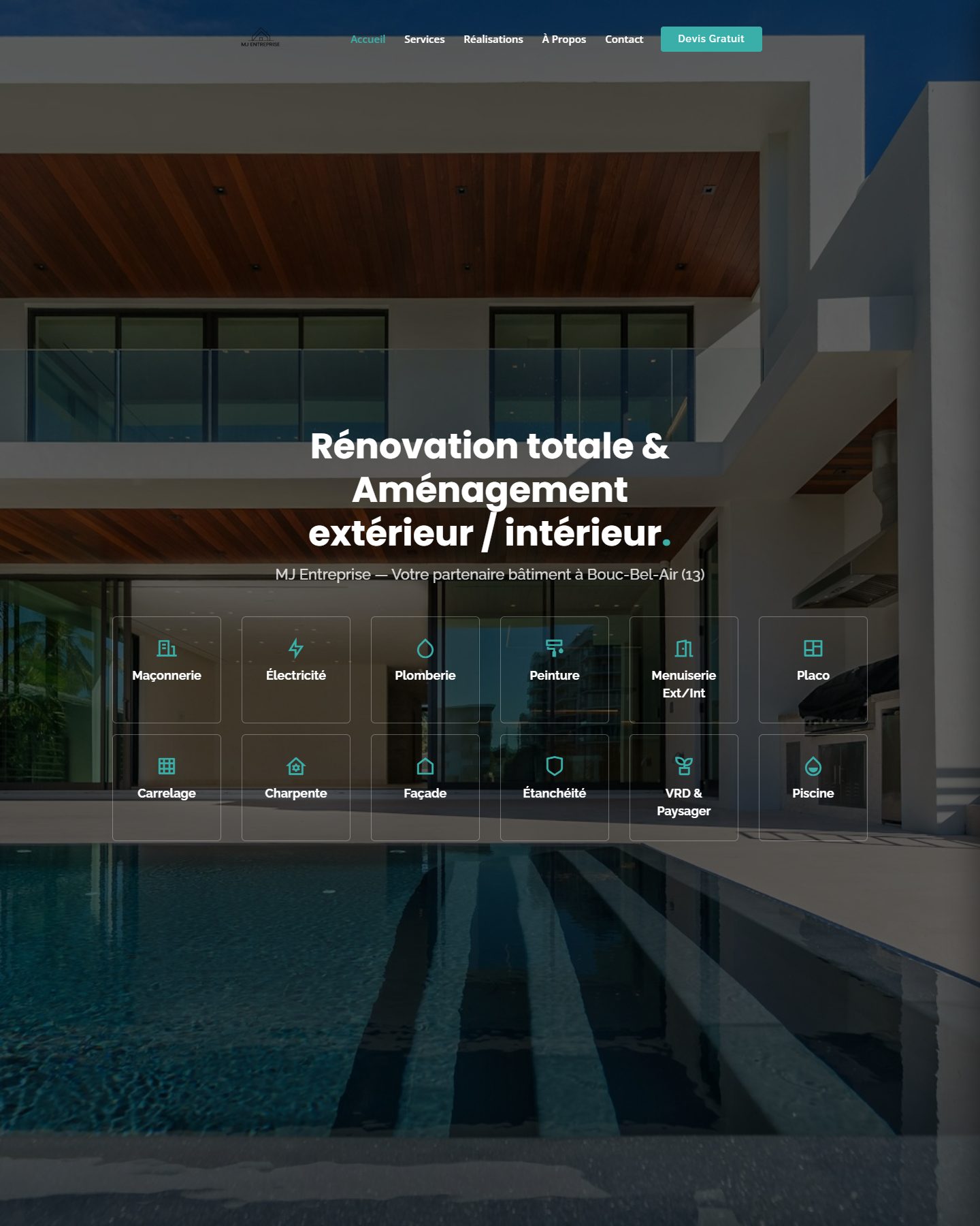 Page d'accueil du site MJ Entreprise, construction et rénovation à Bouc-Bel-Air